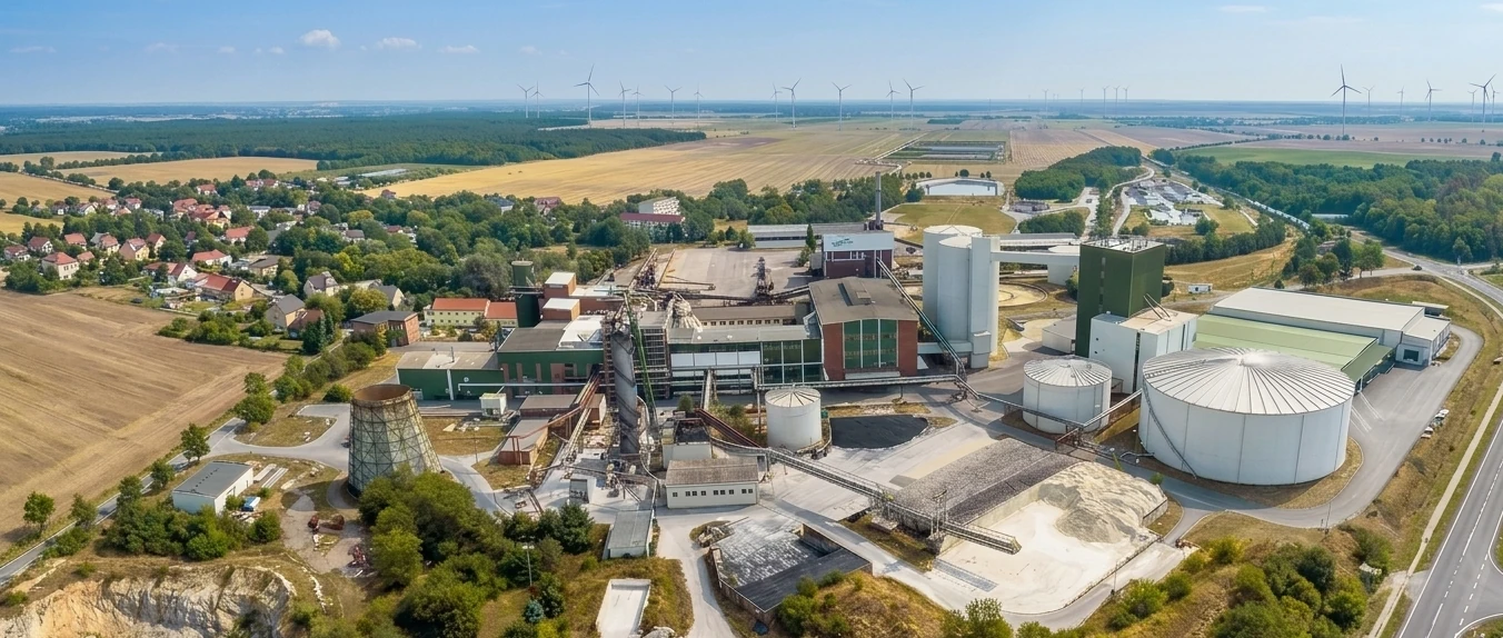 Vogelperspektive auf das Buntwerke-Gelände, daneben ein Radweg, grüne Wiesen und ein Fluss. 