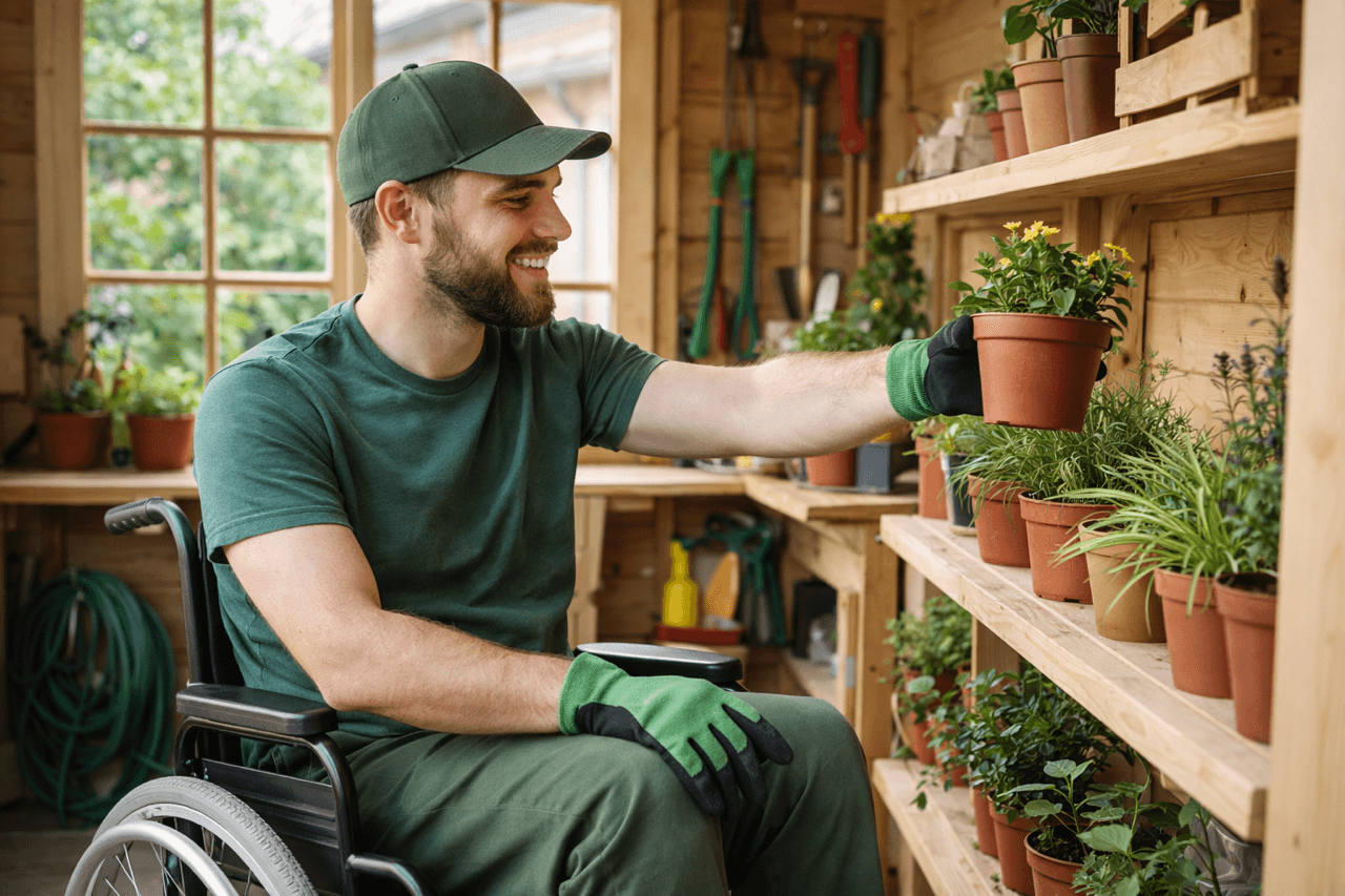 Mann im Rollstuhl nimmt Blumentopf aus einem hölzernen Regal.