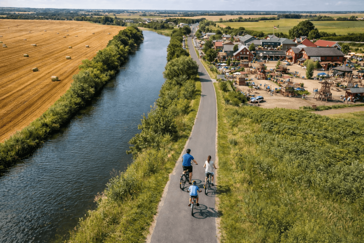 Vogelperspektive auf das Buntwerke-Gelände, daneben ein Radweg, grüne Wiesen und ein Fluss. 