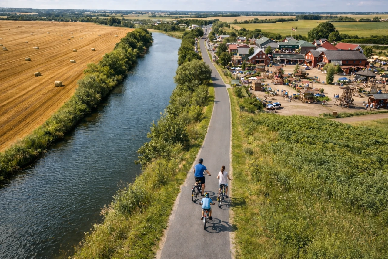Vogelperspektive auf das Buntwerke-Gelände, daneben ein Radweg, grüne Wiesen und ein Fluss. 