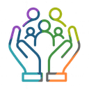 an icon showing two stylized hands holding a group of 5 people, symbolizing inclusion and support.