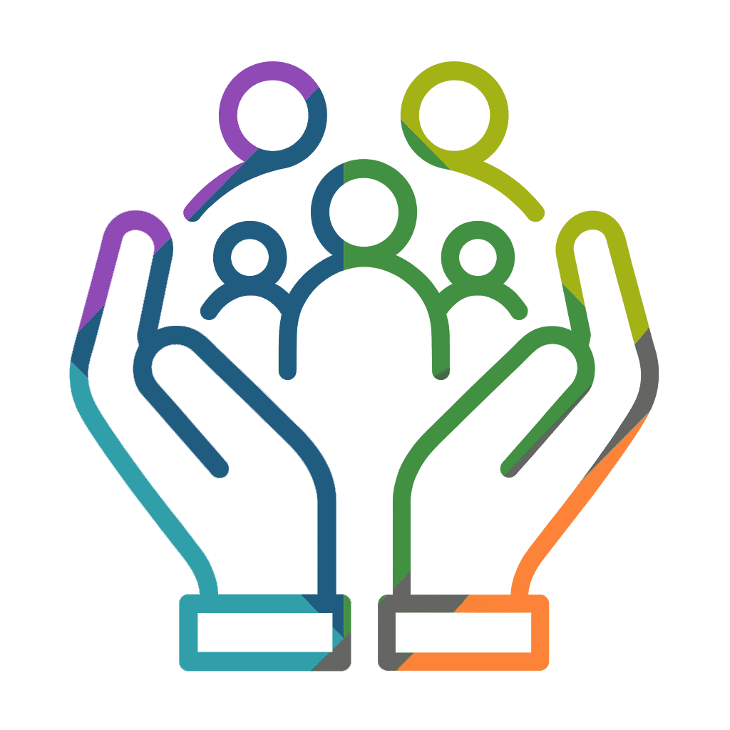 two hands holding a group of five people.