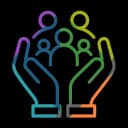 an icon showing two stylized hands holding a group of 5 people, symbolizing inclusion and support.