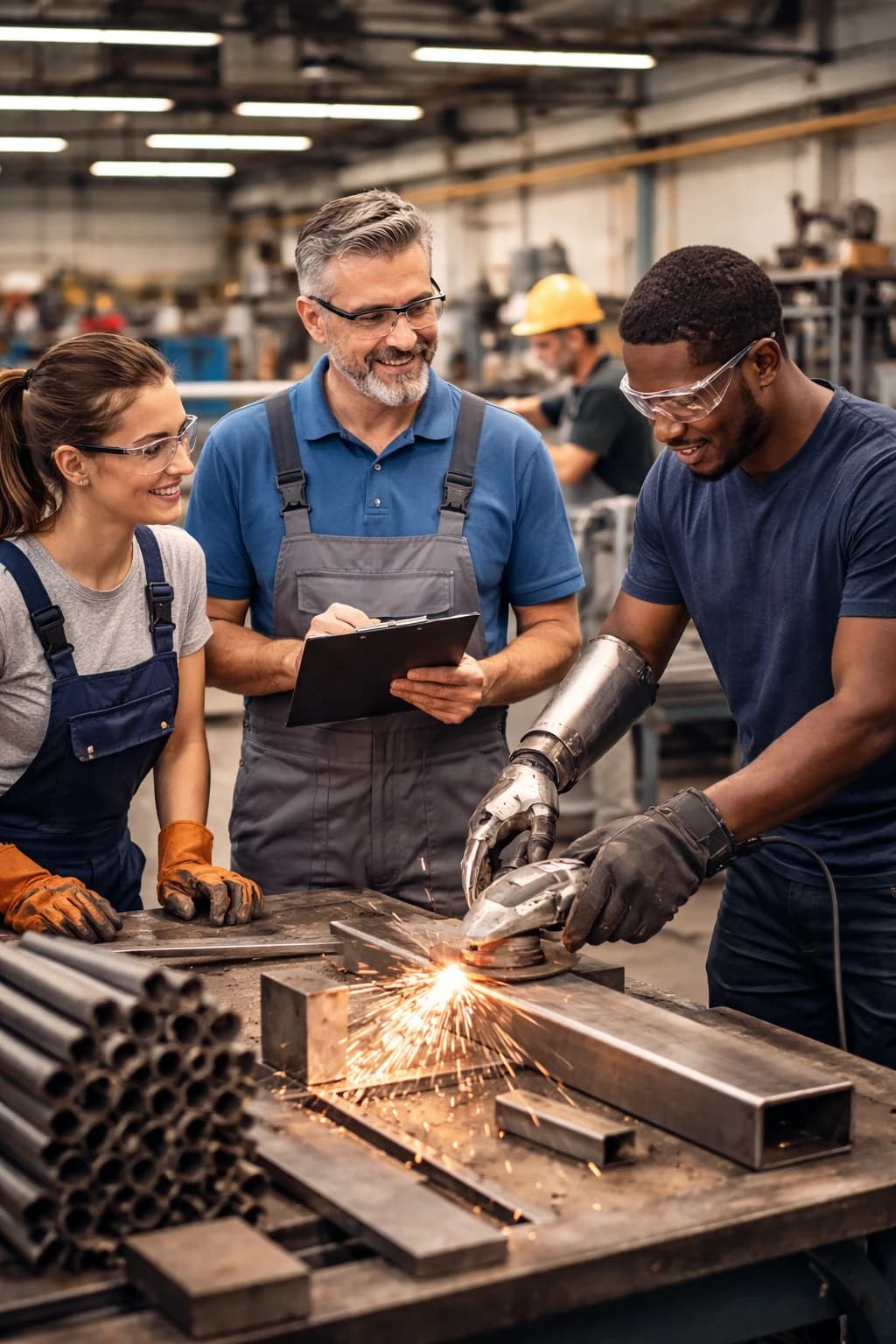 Five hands hold each other, symbolizing inclusion and support. The hands imply different ages, genders and skin tones.