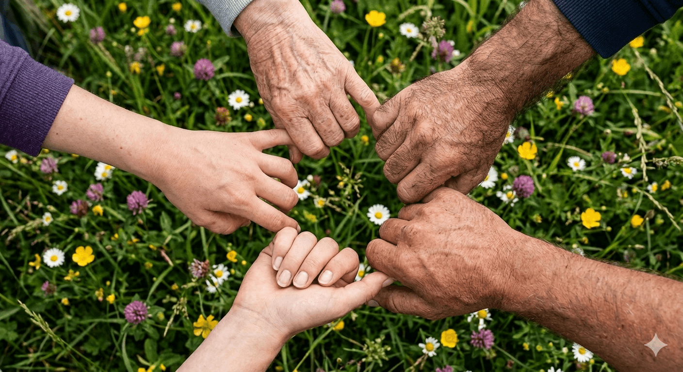 Five hands hold each other, symbolizing inclusion and support. The hands imply different ages, genders and skin tones.