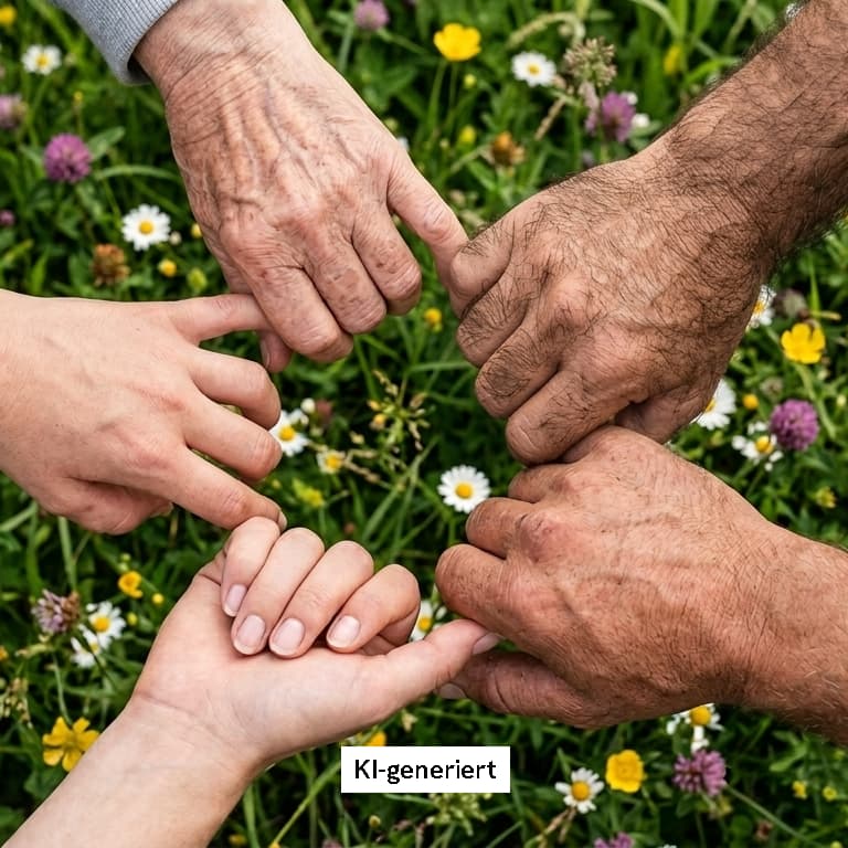 Five hands hold each other, symbolizing inclusion and support. The hands imply different ages, genders and skin tones.
