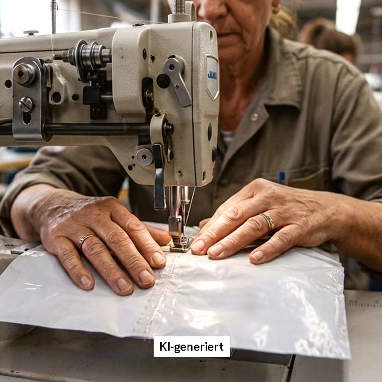 Hände nähen an einer Nähmaschine, im Hintergrund unscharf eine weitere Person, die ebenfalls an einer Nähmaschine arbeitet.
