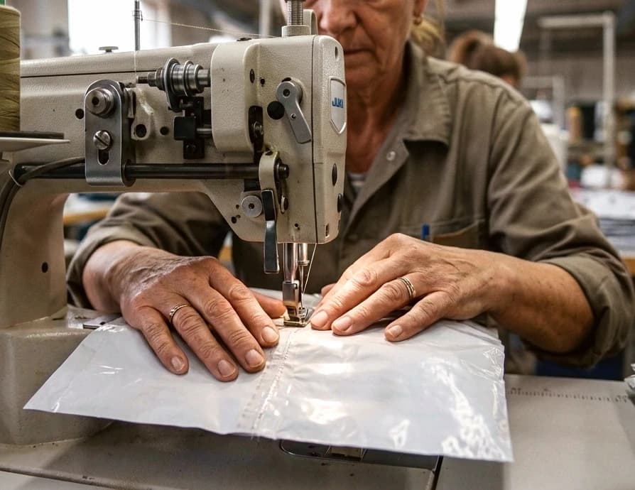 Hände nähen an einer Nähmaschine, im Hintergrund unscharf eine weitere Person, die ebenfalls an einer Nähmaschine arbeitet.